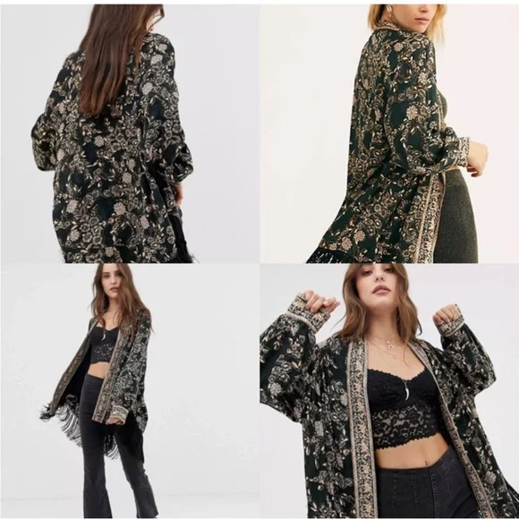Free People Kaelin Embroidered Floral Fringe Kimono Open Jacket Size M - Picture 15 of 15